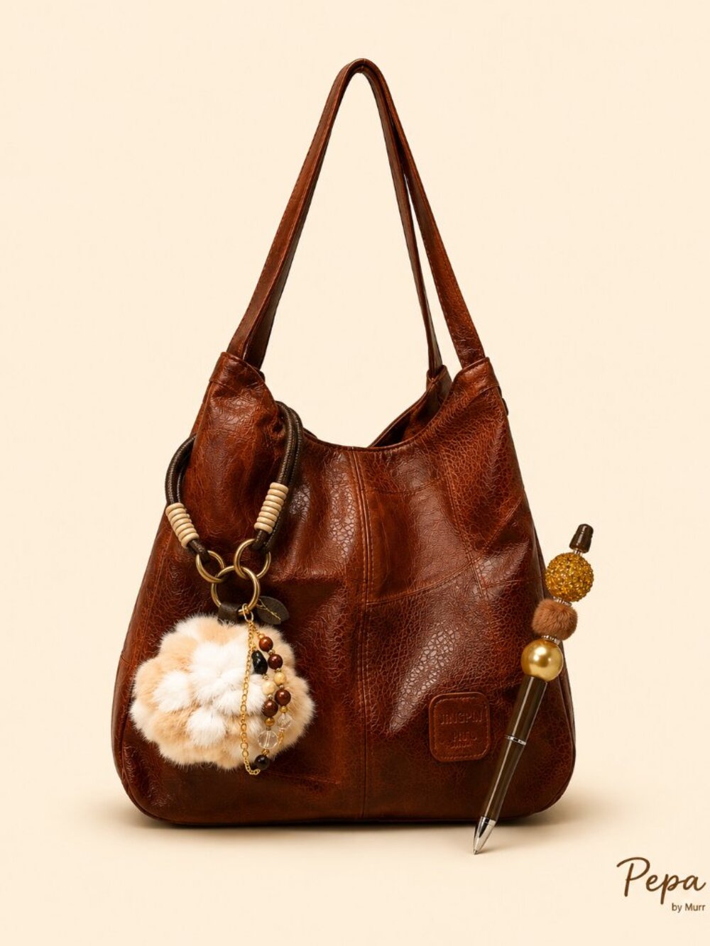 Brown Faux Leather Shoulder Bag with Matching Bag Charm & Pen